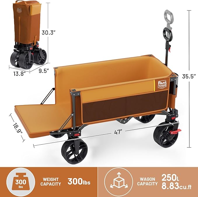 Timber Ridge 47" L Collapsible Wagon with Tailgate & Brake, 300lbs Heavy Duty Beach Wagon with All-Terrain Big Wheels, 250L Foldable Utility Cart for Sand Camping Sports Shopping, Orange