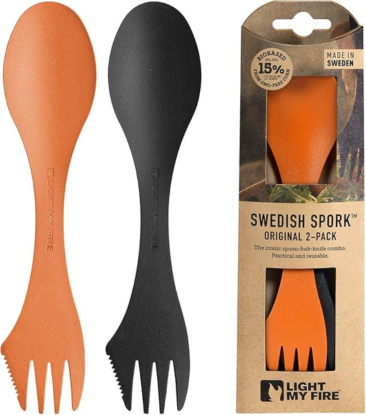 Light My Fire Spork Original 2-pack 3-in-1 Camping Spoon Fork Knife Combo Reusable Travel & Camping Utensils Lunch Spork Outdoor Backpacking Hiking Picnic Utensil BPA Free, Orange/Black
