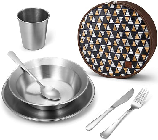 Odoland Camping Complete Messware Kit, Polished Stainless Steel Camp Dinnerware, Camping Cooking Tableware, Cutlery Organizer Utensil with Plates and Bowls Set for Backpacking, Hiking, Picnic Picnic.