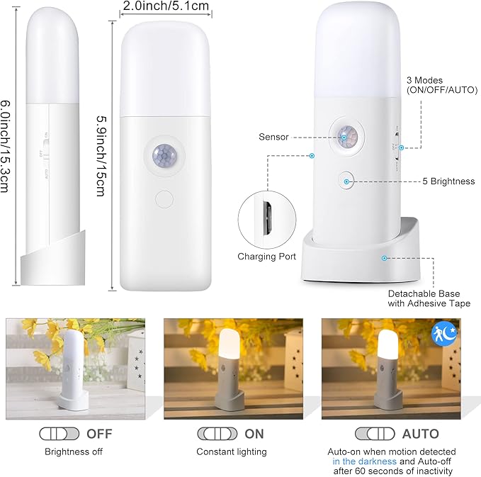 YELKO Motion Sensor Night Lights, Rechargeable nightlights Battery Operated, Dimmable Table lamp with 5 Levels Brightness Adjustable, Cordless Dimmable LED Nursery Night Lights for Home(Cool White)