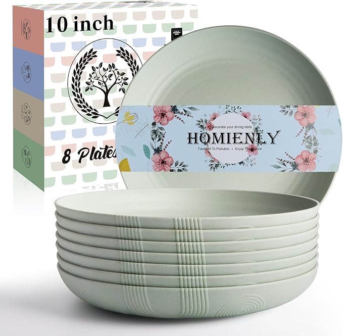 Homienly Wheat Straw Plates Set of 8-10 inch Deep Dinner Plates, Reusable Plastic Plates, Microwave and Dishwasher Safe Plate Set, Unbreakable Plates for KItchen, Camping, Party - Light Grey