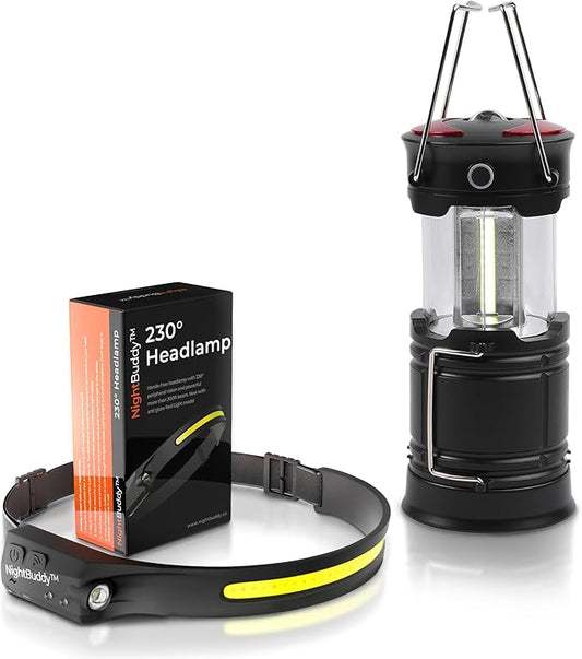 Night Buddy LED Headlamp Rechargeable Flashlight for Adults Camping Essentials Backpacking Lights 4X Brighter Other Headlight Headband Lamp 5 Light Modes Hiking Gear Must Haves (Headlamp + Lantern)