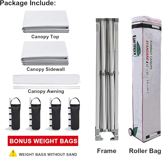 Eurmax USA 10 x 10 Pop up Canopy Commercial Tent Outdoor Party Canopies with 4 Removable Zippered Sidewalls and Roller Bag Bonus 4 Canopy Sand Bags & 24 Squre Ft Extended Awning(White)