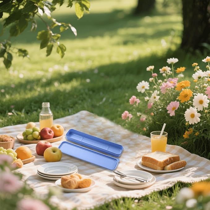 1Pcs Simple Utensil Holder with Lid, Reusable Utensils Wheat Straw Travel Cutlery Box，Portable Flatware Box Travel Tableware Storage Case, Simple Tableware Storage Boxs Case for Cutlery Kit (Blue)