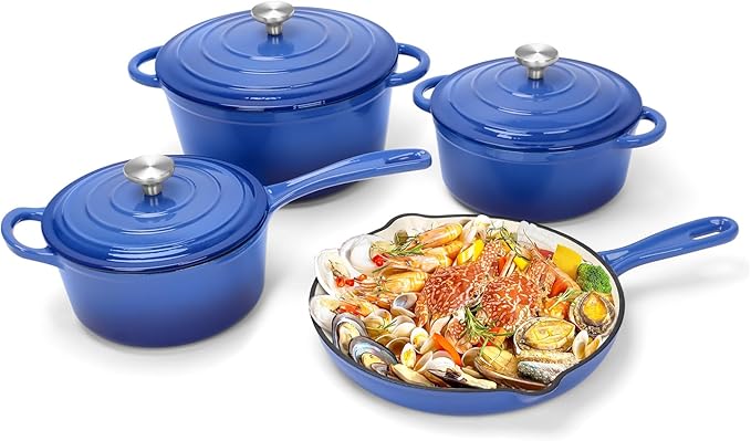 Nonstick Enameled Cast Iron Cookware Set, 7-Pcs Pots and Pans with Lid, Skillet, Frying Pan, Saucepan & Dutch Oven for All Stovetops, PFA Free - Ideal for Sourdough Bread Baking, Cobalt Blue