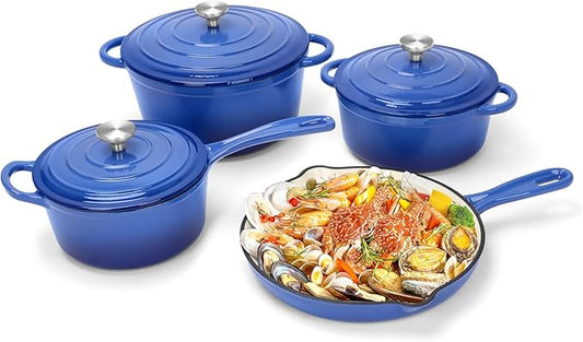 Nonstick Enameled Cast Iron Cookware Set, 7-Pcs Pots and Pans with Lid, Skillet, Frying Pan, Saucepan & Dutch Oven for All Stovetops, PFA Free - Ideal for Sourdough Bread Baking, Cobalt Blue