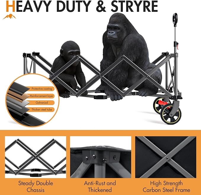 PORTAL 51.2" Long Wagons Carts Foldable with Brakes, Large Foldable Wagon with Cargo Net, Side Pocket, Cup Holders, 350 LBs Heavy Duty Utility Grocery Wagons for Sports, Camping