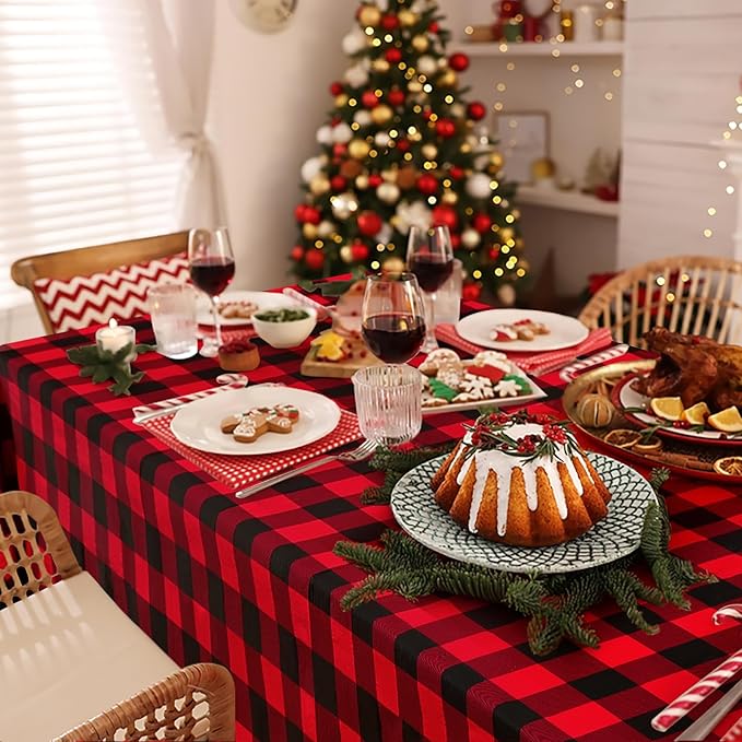 misaya Rectangle Waterproof Vinyl Table Cloth, Buffalo Flannel Backed Tablecloth, Wipeable Plastic Table Cover for Dinner, Kitchen, Picnic (60" x 84", Red and Black)