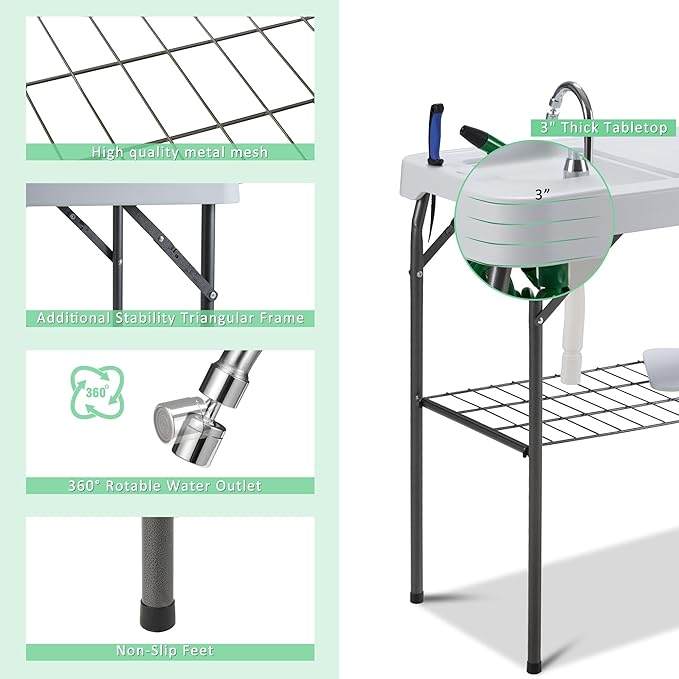 AHB 42" Outdoor Sink Fish Cleaning Table Portable Camping Table with Faucet Hose Hook Up Grid Rack, Fish Fillet Camping Sink Table with 6pc Fish Cleaning Kit for Picnic Beach Patio