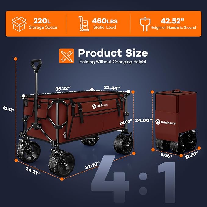 220L Collapsible Wagon Cart Foldable, 460LB Load Capacity Heavy Duty Folding Beach Wagons with Big All-Terrain Wheels, Utility Carts for Groceries, Shopping, Camping, Sports - Red