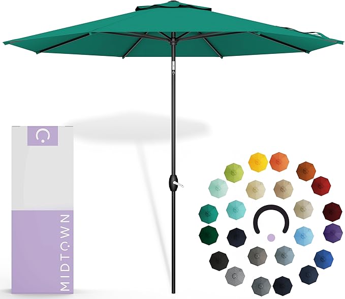 Midtown Umbrellas Sunbrella Umbrella 9 Feet Outdoor Umbrella With Canvas Teal Acrylic Fabric - Auto-Tilt Aluminum Frame Patio Umbrella For Backyard, Deck, Garden, Pool - Black Pole