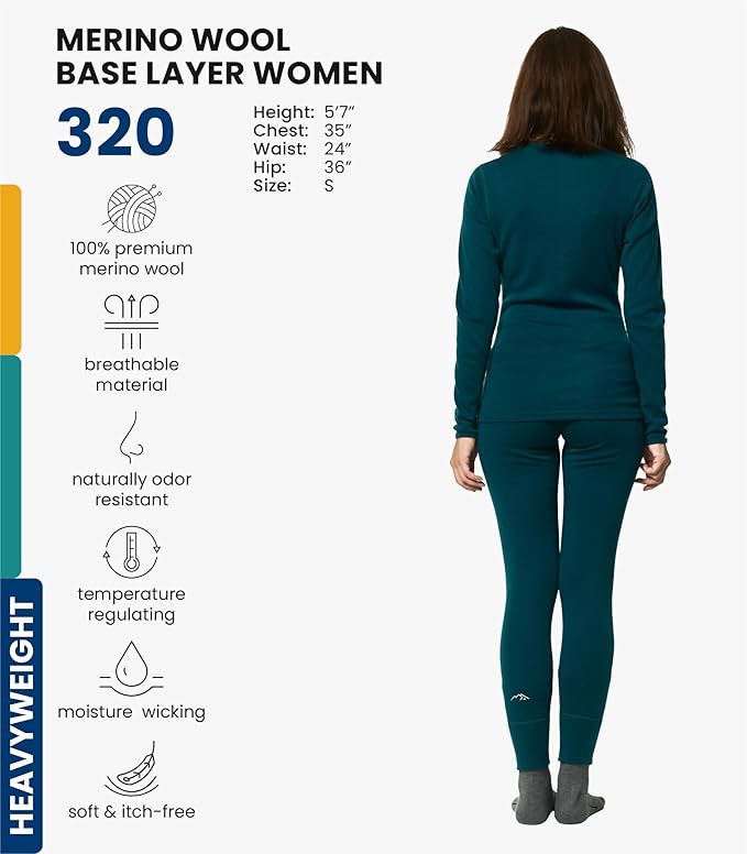 Merino.tech Merino Wool Base Layer Women Set - Heavyweight, Lite, Midweight Merino Thermal Underwear For Women Top, Bottom