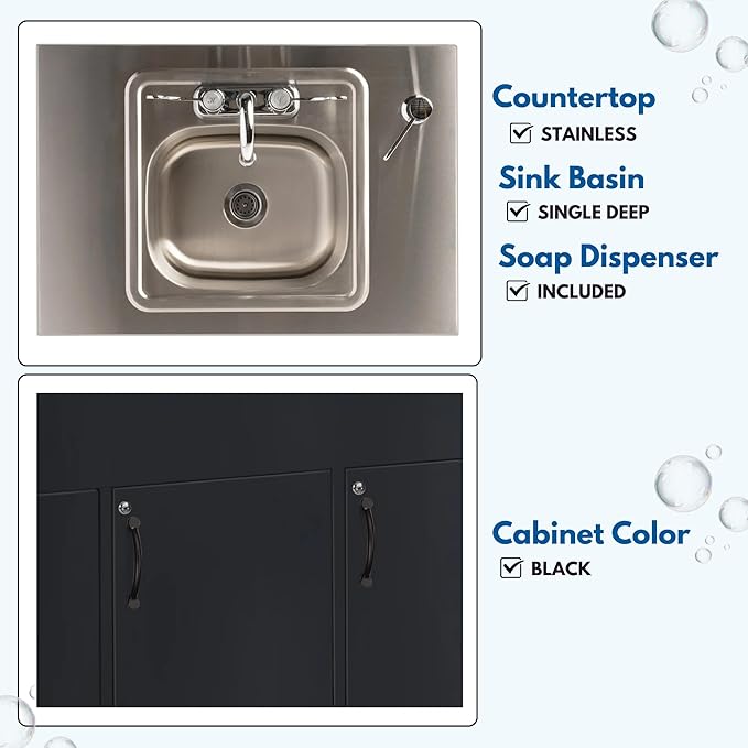 Ozark River Portable Sinks, Advantage S1D, Black Laminate Cabinet-Stainless Countertop, Hot Water Hand Washing Station with Countertop & Storage Space, Self Contained Sink, Portable Hand Washing Sink