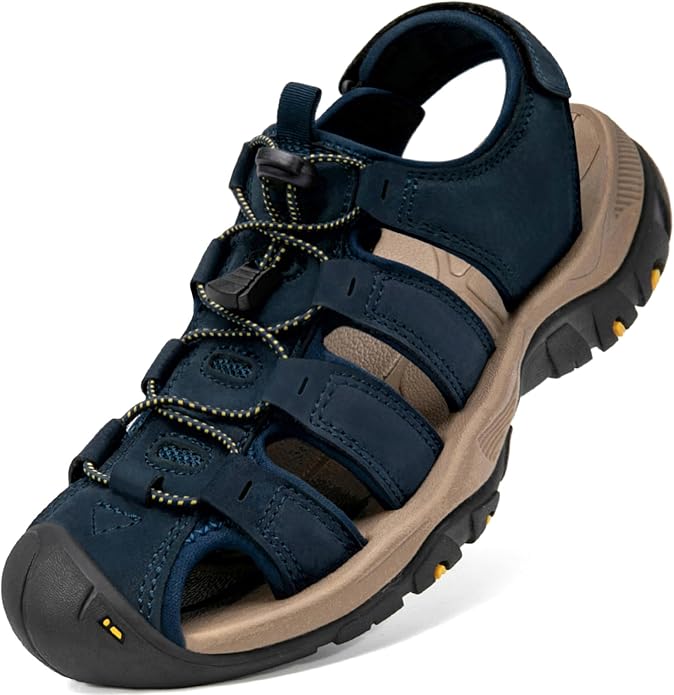 Men's Sport Sandals Closed Toe Leather Hiking Athletic Walking Outdoor Beach Trail River Fishing Water Shoes Lightweight Comfortable Waterproof