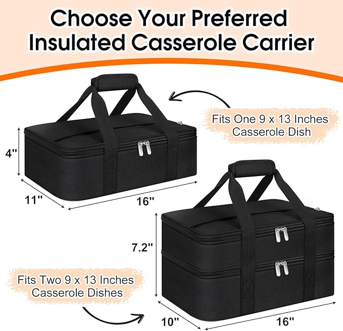 Insulated Casserole Carrier, Portable Casserole Carrier for Hot or Cold Food Lunch Tote Warmer or Cooler Bag, Lasagna Lunch Bag for Potluck Parties- Fits 9" x 13" Baking Dish-Black