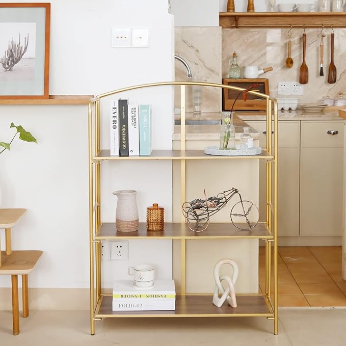Crofy No Assembly Folding Bookshelf for Living Room, 3 Tier Gold Collapsible Book Shelf for Home Office, Portable Bookcase Storage Organizer