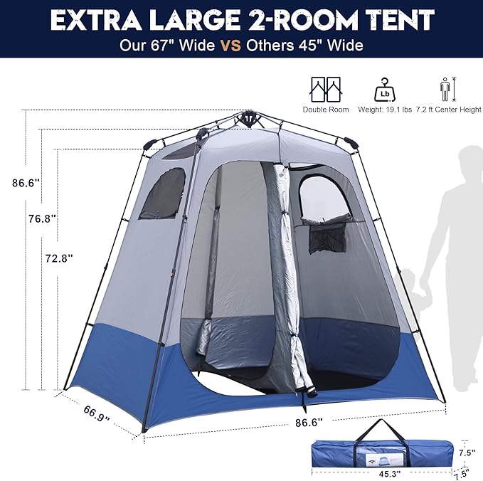 2-Room Camping Shower Tent, Instant Pop-up Privacy Shelter, Extra Large Changing Room & Toilet Tents with Ventilation, Portable Outdoor Shower with Rainfly & Floor for Dressing, Hiking, Beach, Fishing