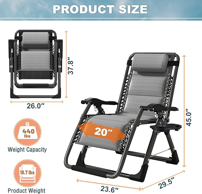ABORON Zero Gravity Chair,Premium Outdoor Lawn Folding Lounge Chairs,Sturdy Adjustable Reclining Patio Chairs with Built in Cushion,Headrest & Tray