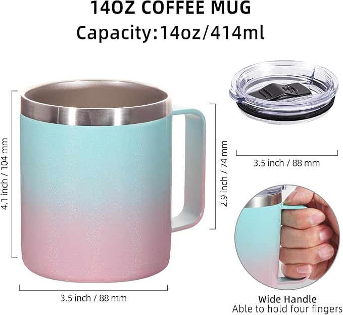 Volhoply 14oz Insulated Stainless Steel Coffee Mug with Leakproof Lid,Double Wall Vacuum Travel Coffee Cup with Handle, Reusable Cups Tumbler,Camping Mugs Keep Hot, Ideal Gifts(Green Pink,1 Set)
