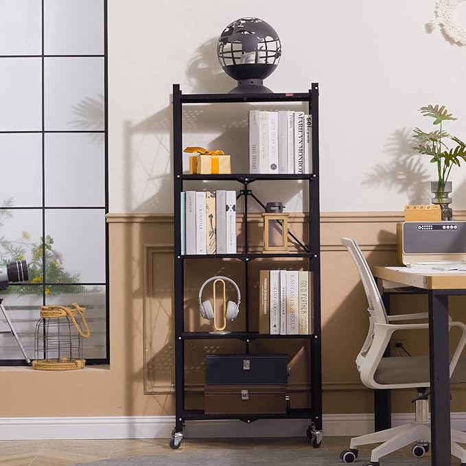 DEANIC 5-Shelf Folding Bookcase with Wheels, Rolling Bookshelf Heavy Duty Storage Shelves, Freestanding Metal Wire Shelving Unit for Living Room, Office, Kitchen, Basement, Pantry (Black)