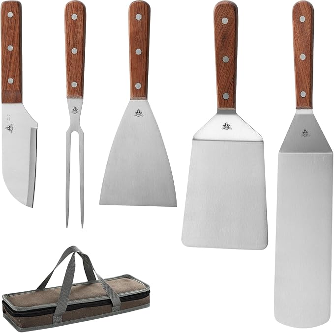 GRILLGEN 6-Piece Professional Griddle Accessories Kit for Griddle Cooking, Premium Rosewood Handles Spatulas Set with Scraper, Santoku Knife, Carving Fork, Storage Bag, Flat Top Grill Accessories