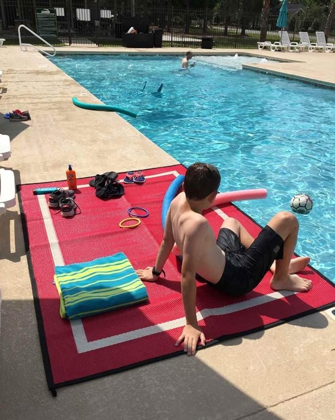 5x7 Red Outdoor RV Mat – Extra Thick 5mm Recycled Polypropylene Rug – Heavy-Duty, Waterproof, Reversible – Luxury Outdoor Rug for Camping, Patio, Beach (Red NO Carry Bag, 5'x7')