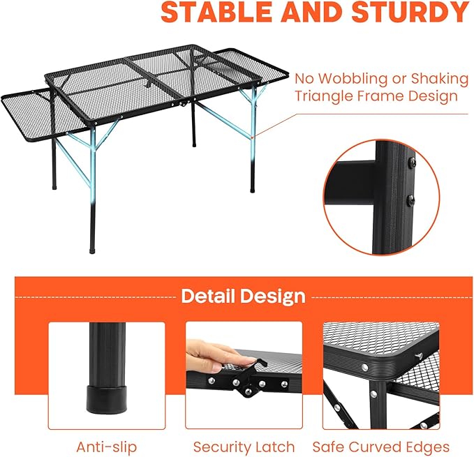 Portable Grill Table with 2 Wing Panels, Height Adjustable Folding Table with Mesh Bag, 140lbs 3Ft Folding Outdoor Table for Camping, BBQ, RV, Picnic & Beach Outdoor Adventures, 35"L x 23"W
