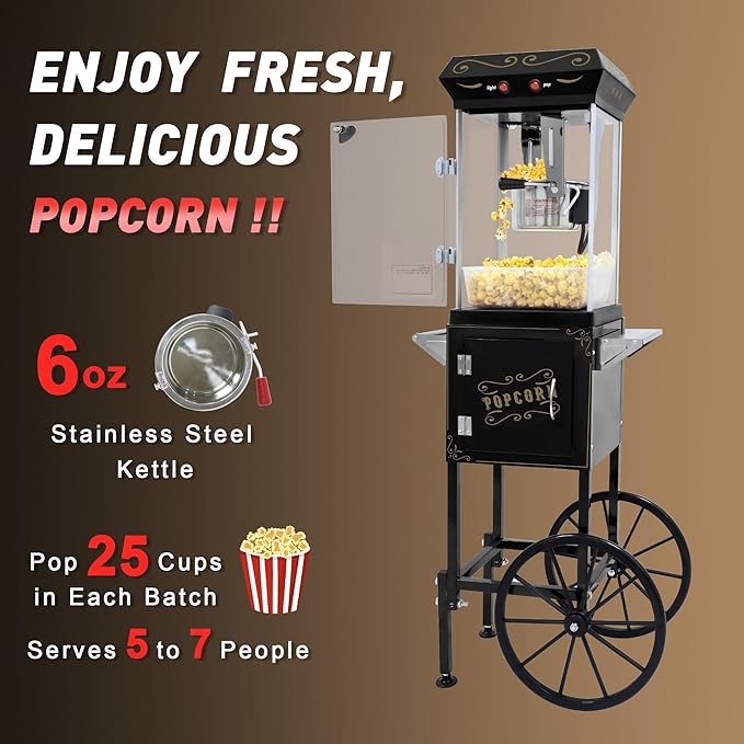 Popcorn Maker Machine - Professional Cart With 6 Oz Kettle Makes Up to 25 Cups, Stainless Steel Vintage Commercial Popcorn Machine Movie Theater Style (Black)