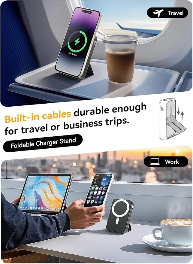 Magnetic Portable Charger, 10000mAh Wireless Power Bank with 20W USB-C Fast Charging, Foldable Stand & LED Display Magnetic Battery Pack, Compatible with iPhone 17/16/15/14/13 All Series