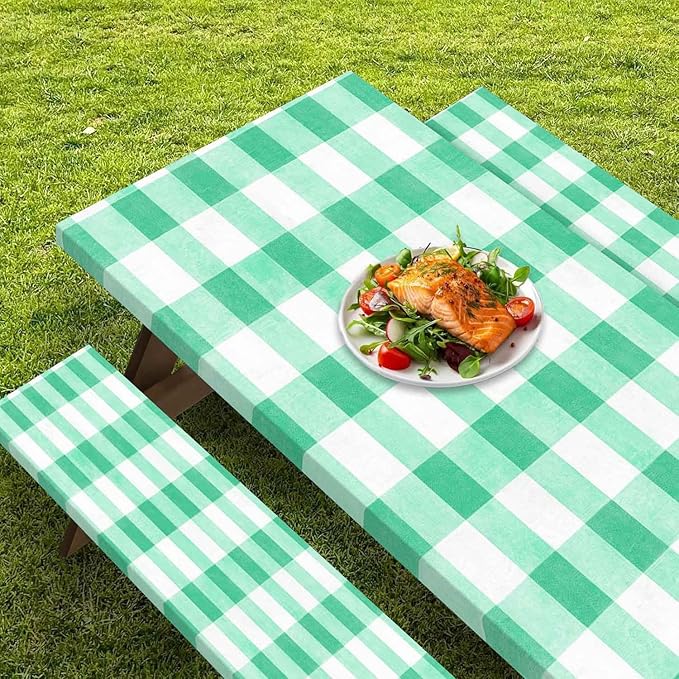 CAPSCEOLL Elastic Picnic Table Cover with Bench Covers 5Ft Waterproof Fitted Picnic Table Cover Cloths for Outdoors Camping Tablecloth with Drawstring Bag, 60X30in, Green Checkered