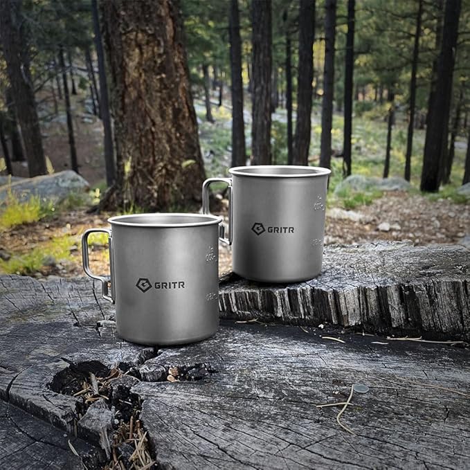GRITR Titanium Mug, 15.2 fl oz / 25.4 fl oz | Camping, Backpacking, Picnic, Hiking, Travel, Outdoor Cooking Gear w/Lid & Folding Handles | Ultralight Multi-Purpose Metal Cup for Water, Coffee, Tea