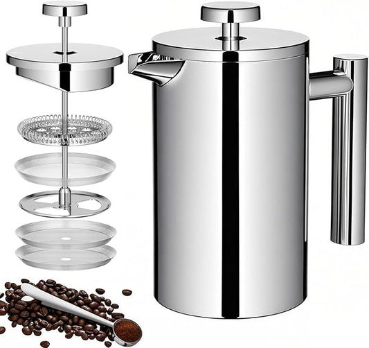 Small French Press Coffee Maker 600ml, Double-Wall Insulated French Press Coffee Press Stainless Steel for travel camping, Included 2 Extra Fliters and 1 Coffee Spoon (2-4cup, 20 OZ)