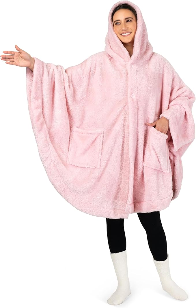 PAVILIA Angel Wrap Hooded Blanket Poncho, Wearable Blanket Throw Wrap Poncho for Women Adult, Cozy Fluffy Sherpa Fleece Shawl Cape with Hood pockets, Warm Gift for Mom Wife, Light Pink