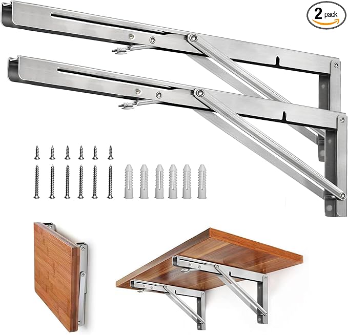 Storystore Folding Shelf Brackets - 24 Inch Heavy Duty Stainless Steel Collapsible Shelf Bracket for Bench Table, Space Saving DIY Bracket, Max Load: 550lb