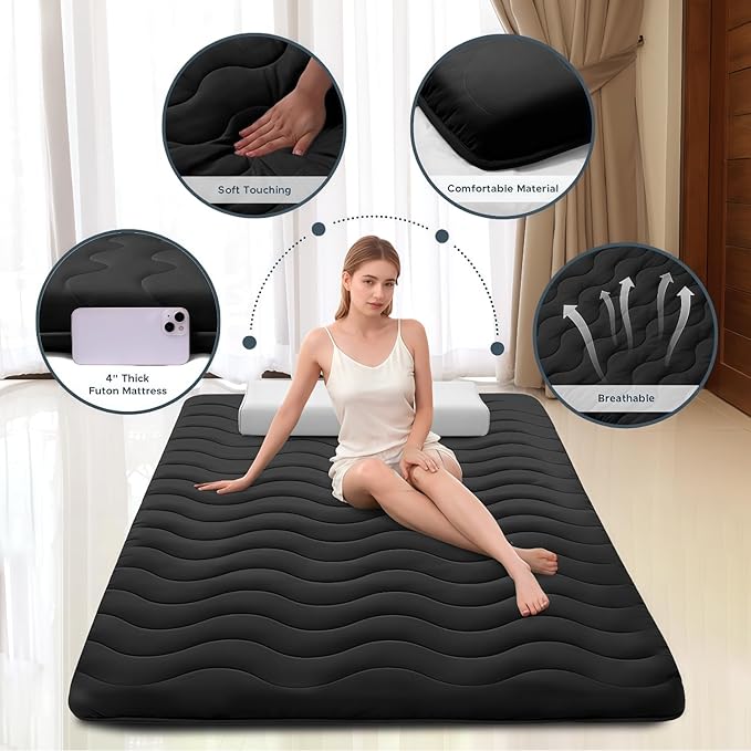 Japanese Floor Mattress, 100% High Density Comfortable Foam, 4" Thicken Foldable Mattress Tatami Mat Sleeping Pad, Ideal for Comfort and Support, Kids Floor Lounger Pillow Bed Sofa, Black, Full