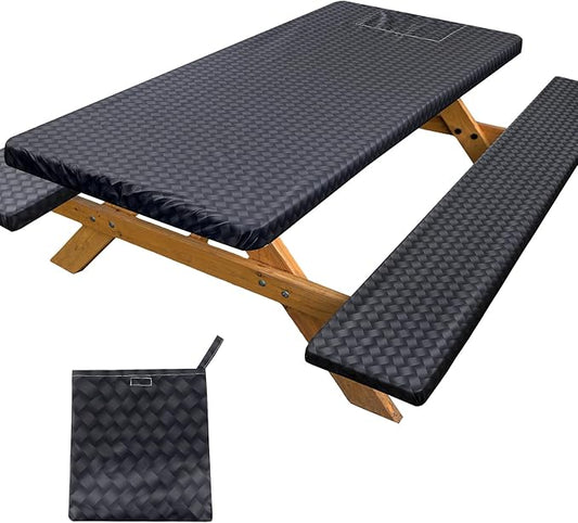 Picnic Table Cover with Bench Covers Portable Tablecloth Built-in Storage Pocket Picnic Table Covers with Elastic Waterproof Camping Essentials for RV Camping