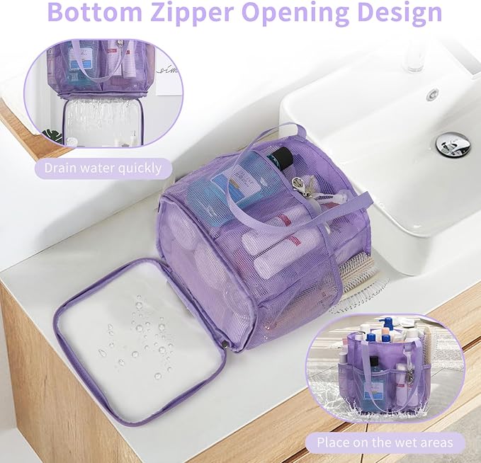 Mesh Shower Caddy Portable for College Dorm Room Essentials, Shower Tote Bag with Hanging Hook and Drawstring, Quick Dry Toiletry Bag with 6 Pockets for Bathroom, Swimming, Gym, Camping, Beach, Travel