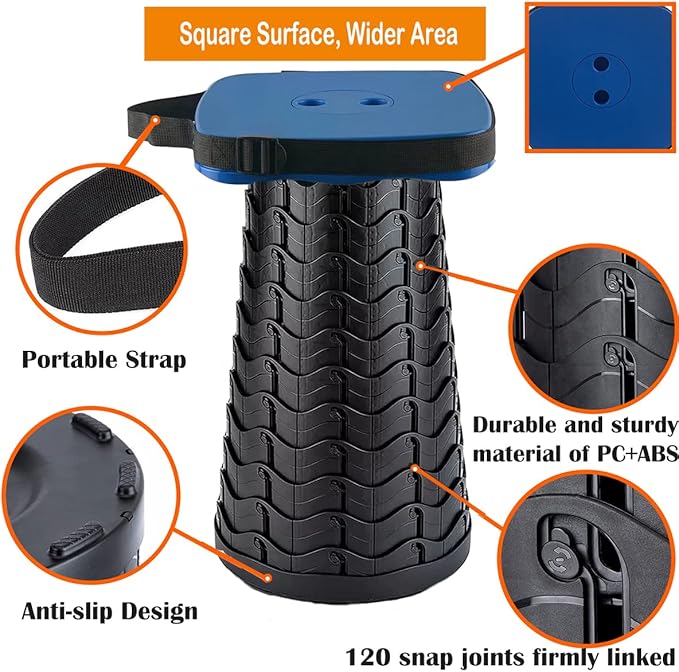 Collapsible Camping Stool with Seat Cushion & Nylon Bag, Square Portable Telescopic Stool, Lightweight Sturdy Foldable Stool for Camp Fishing Picnic, Max Load 550 lb
