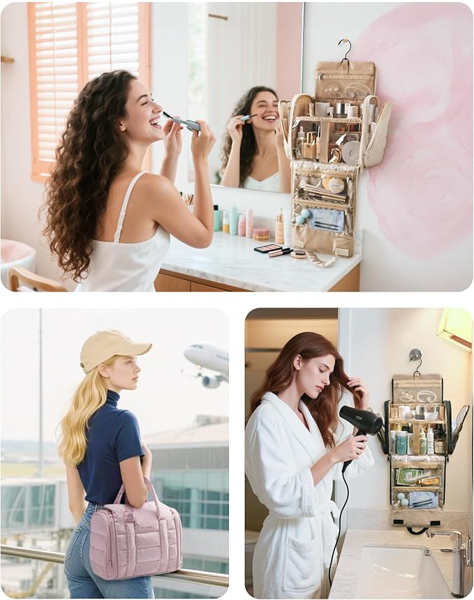 BAGSMART Travel Toiletry Bag with Removable Partition, Puffy Water-resistant Fabric Hanging Organizer for Full-Size Toiletries, Accessories, Black