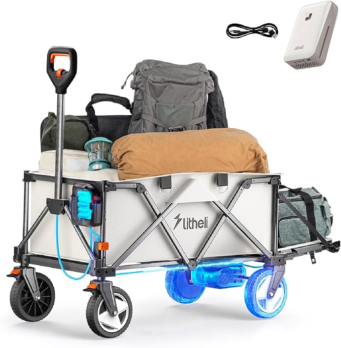 Litheli Electric Utility Wagon Cart, 200L Capacity, 300 lbs Load, Foldable Heavy-Duty Design with All-Terrain Wheels, Variable Speed Drive & Battery Power for Camping, Beach, Garden & Shopping