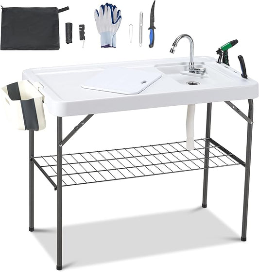 Dragosum Outdoor Sink Fish Cleaning Table Portable Camping Table with Faucet Hose Hook Up Grid Rack, Fish Fillet Camping Sink Table, Fish Cleaning Kit for Picnic Beach Patio