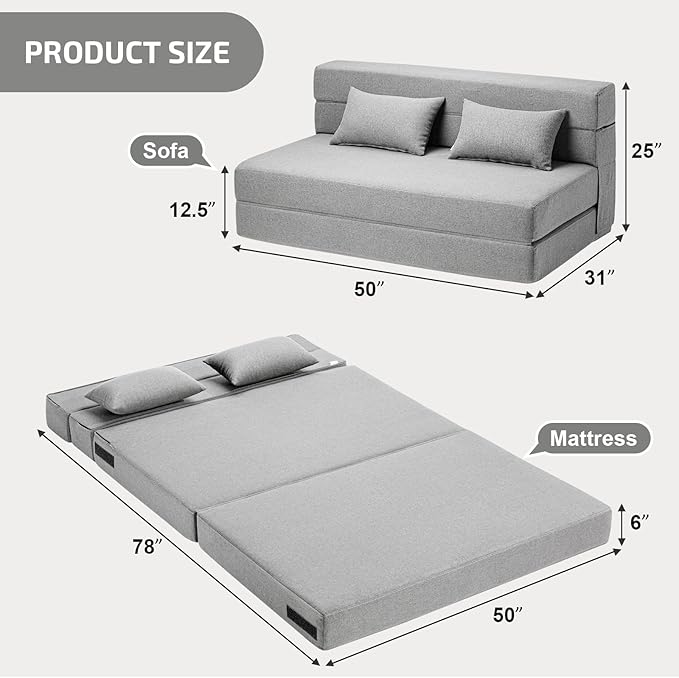 Folding Sofa Bed with Pillows- Convertible Chair Floor Couch & Sleeping Mattress, Foldable Memory Foam Sleeper for Living Room/Dorm/Guest Room/Home Office/Apartment/Loft, Full, Light Gray