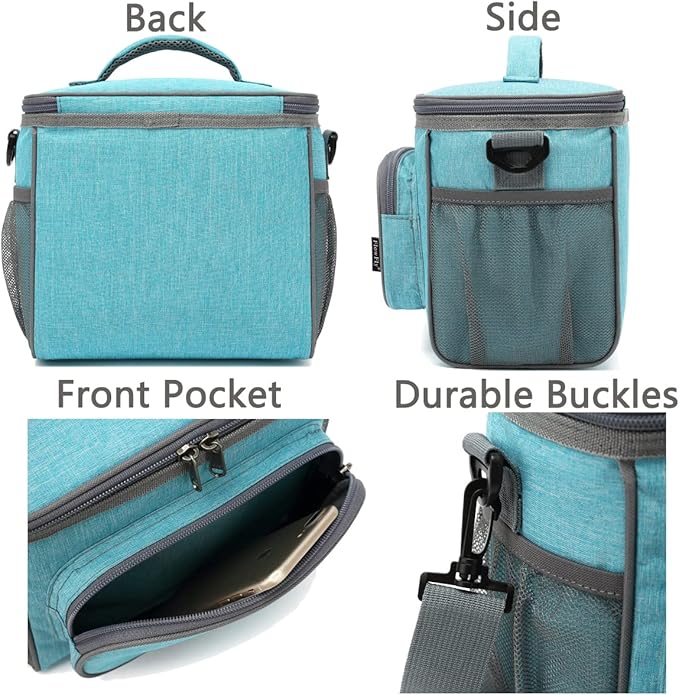 FlowFly Insulated Reusable Lunch Bag Adult Large Lunch Box for Women and Men with Adjustable Shoulder Strap,Front Zipper Pocket and Dual Large Mesh Side Pockets,SeaBlue