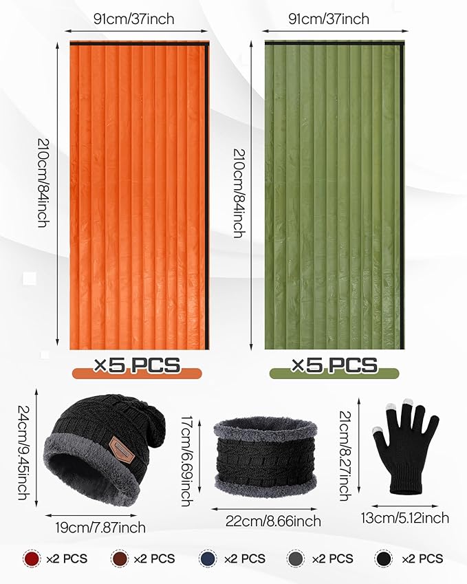 Tranqun Emergency Sleeping Bags Bulk with Winter Hat Gloves Scarf, Survival Sleeping Bag Bivy Sack Waterproof Lightweight Thermal Blanket Gear for Camping Hiking Outdoors Homeless