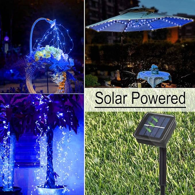 Solar Fairy String Lights Outside Blue, Multi Strand 180 LEDs Watering Can Light for Outdoor, Waterproof Solar Powered Waterfall Lights, Firefly Bunch Lights for Garden Décor