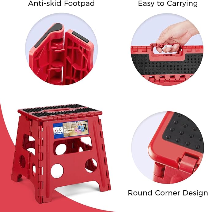 ACKO Folding Step Stool - 13" Height Premium Heavy Duty Foldable Stool for Kids and Adults, Kitchen Garden Bathroom Stepping Stool (1 Pack) Dot Red