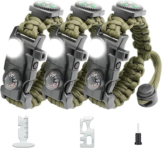 20 in 1 Survival Paracord Bracelet Adjustable Gear Kit with SOS LED Light, Fire Starter, Bigger Compass, Survival Whistle, Perfect for Camping, Hiking, Fishing