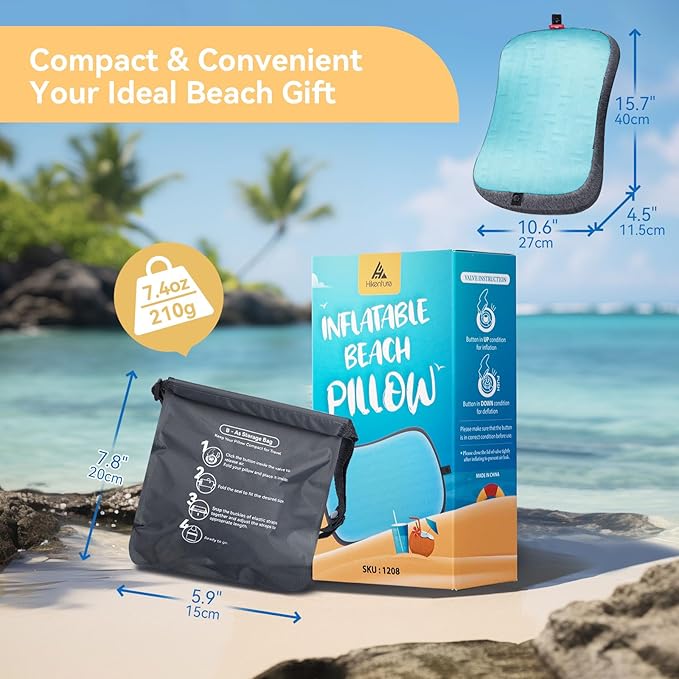 Hikenture Beach Pillow for Sand, Washable Inflatable Pillows for Pool, Portable Camping Pillows with Removable Cover, Soft Air Sand Pillow Built-in Sandbag for Backpacking, Beach Chair
