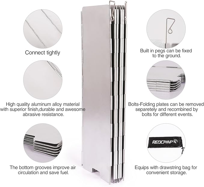 REDCAMP Folding Outdoor Stove Windscreen, 9 Plates Aluminum Camping Stove Windshield with Carrying bag, Lightweight Butane Burner Windshield