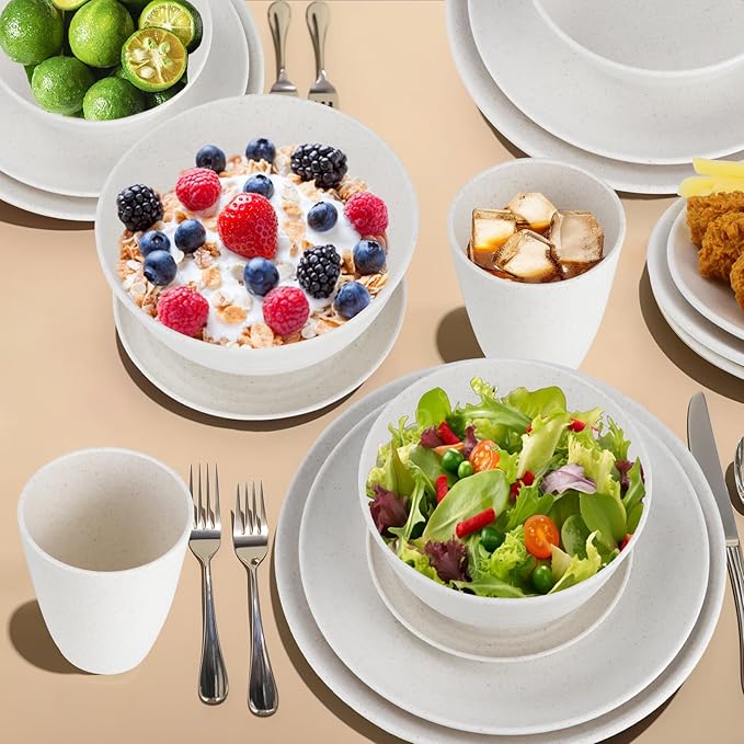 Wheat straw bowl and plate sets of 40 with cups for kids - Unbreakable plastic dinnerware sets service for 8 - Microwave and Dishwasher safe dish sets for kitchen and camping. White